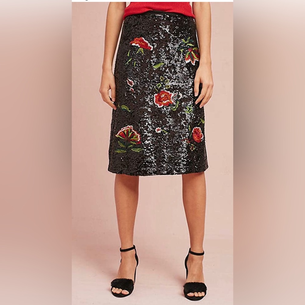 Anthropologie Floral Garden Glitz Sequin Black A-Line Knee Length Skirt Size 14